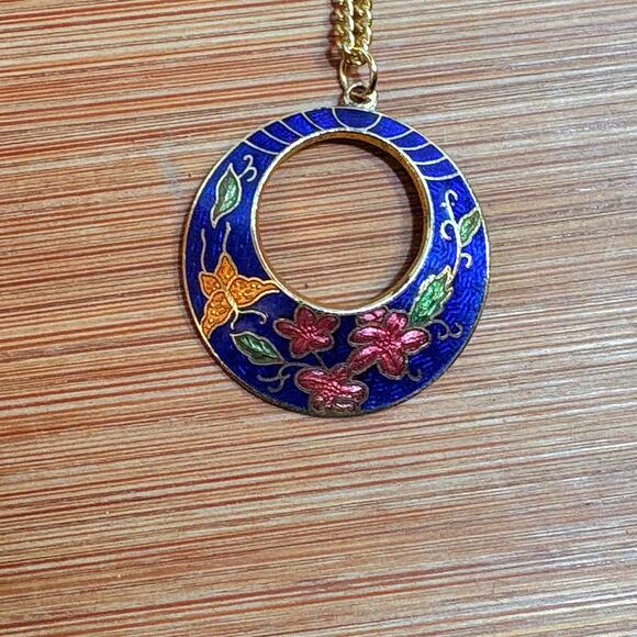 Gold Tone Floral Butterfly Pendant Necklace Enamel Vintage Retro 80s 24" - Picture 6 of 8